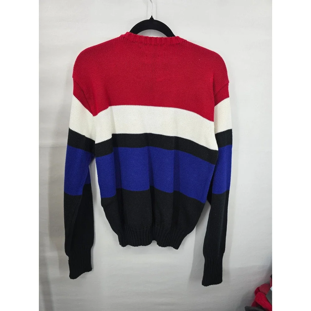 Polo Ralph Lauren Mens Colorblock Striped Cotton Knit Crewneck Sweater Red Blue